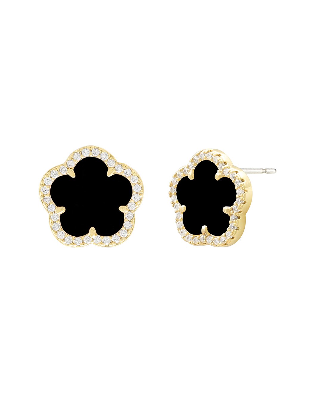 Flower 14K Plated Onyx CZ Stud Earrings