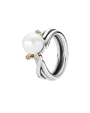 PANDORA Woven Splendor 14K & Silver Diamond & Pearl Ring