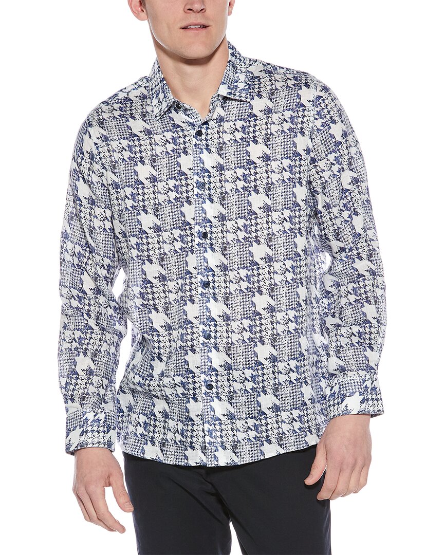 Raffi Houndstooth Print Linen Shirt In Blue