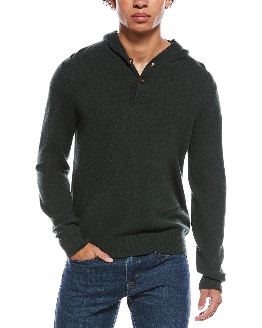 Amicale Cashmere Jersey Cashmere Henley Hoodie In Green