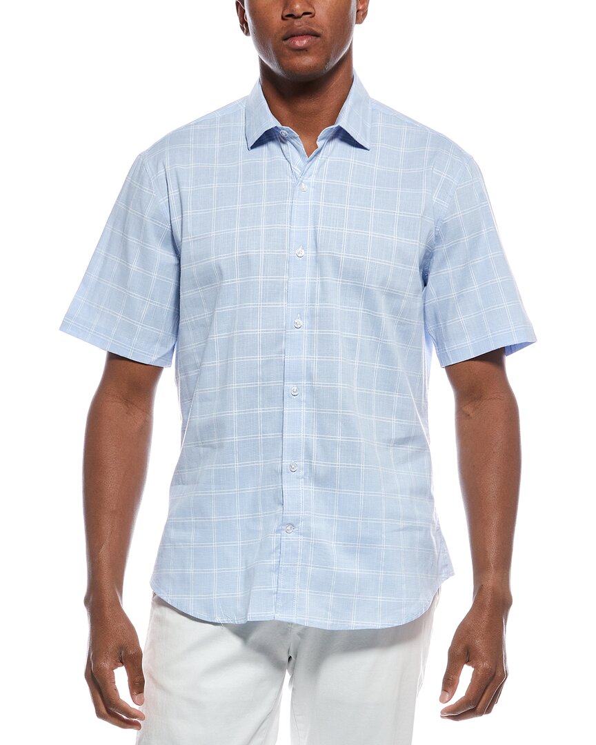 Tailorbyrd Windowpane Stretch Cotton Short Sleeve Button-down Shirt In Blue
