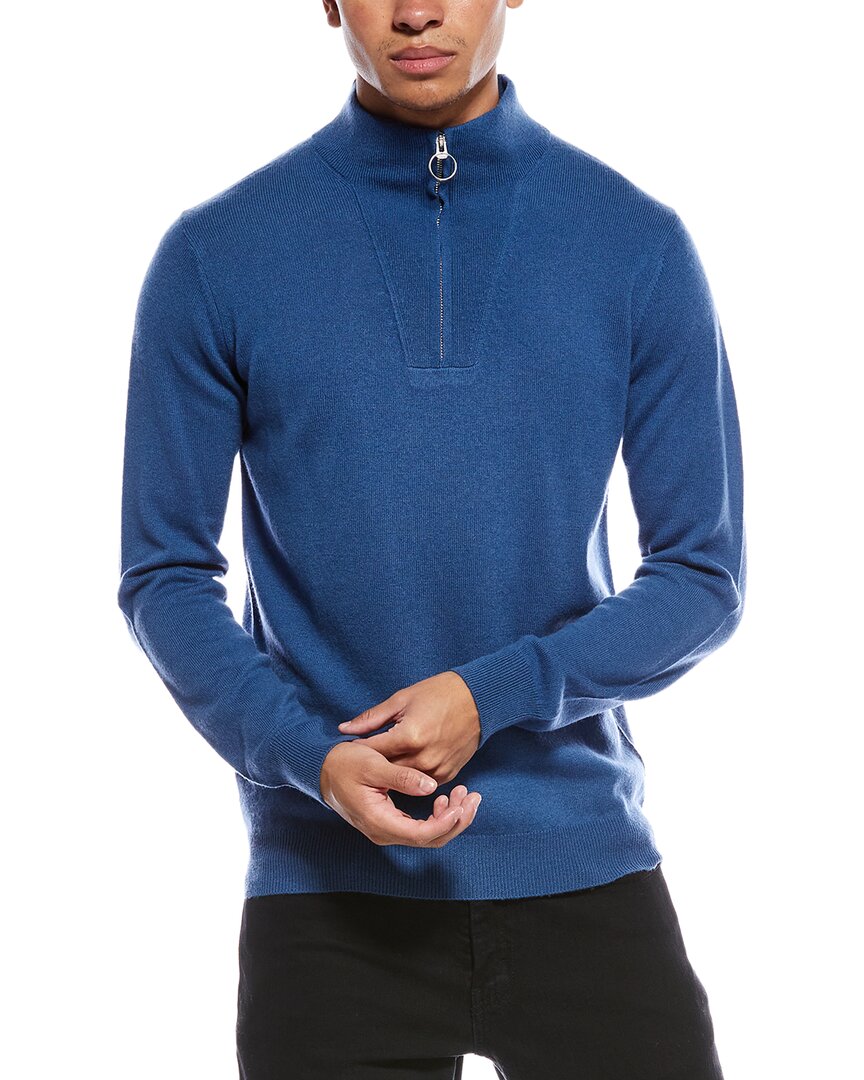 Scott & Scott London Brodie Cashmere Rib Detail Wool & Cashmere-blend 1/4-zip Mock Neck Sweater In Blue