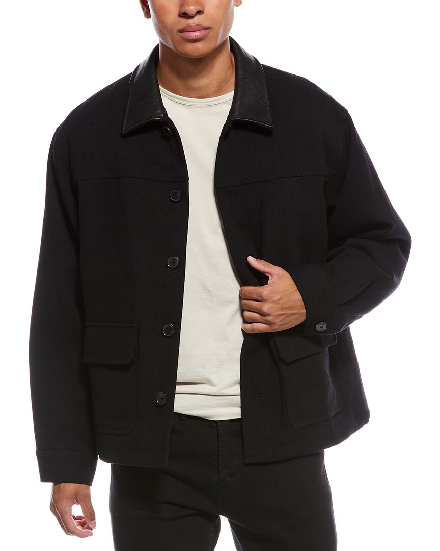 Frame Denim Leather-trim Wool-blend Workwear Jacket In Black