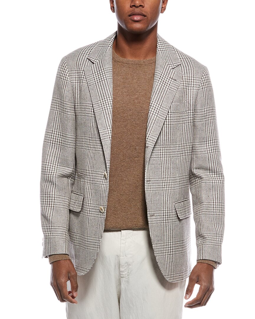 Brunello Cucinelli Half-lined Linen Blend Blazer With Houndstooth Motif In White