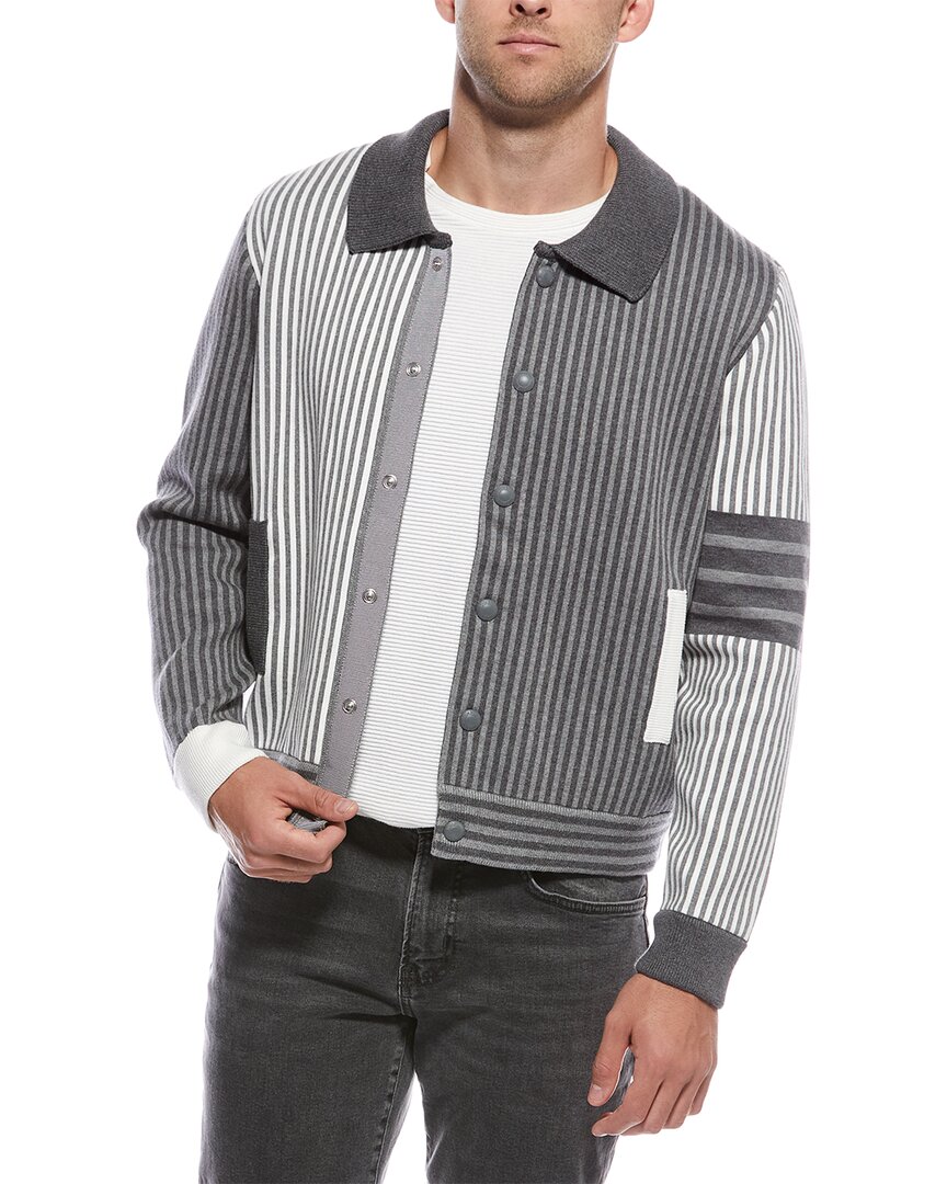 Thom Browne Seersucker Polo Collar Bomber Jacket In Gray