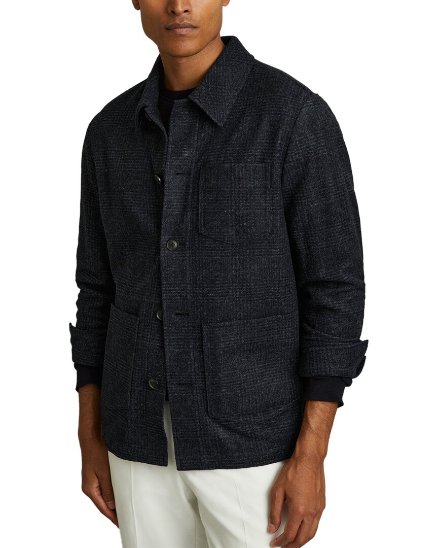 Reiss Navy Melange Checked Button Through Worker Jacket In Blue