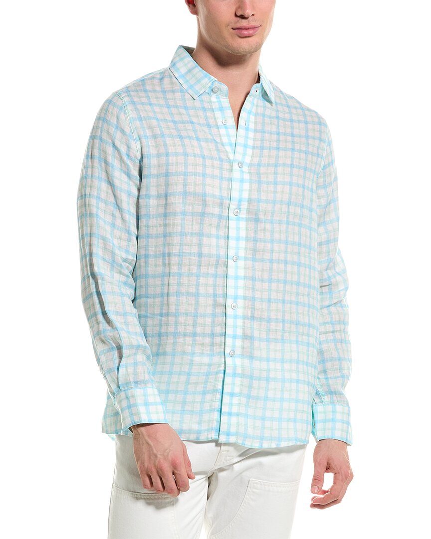 Shop Raffi Two Color Plaid Printed Linen Shirt In Blue