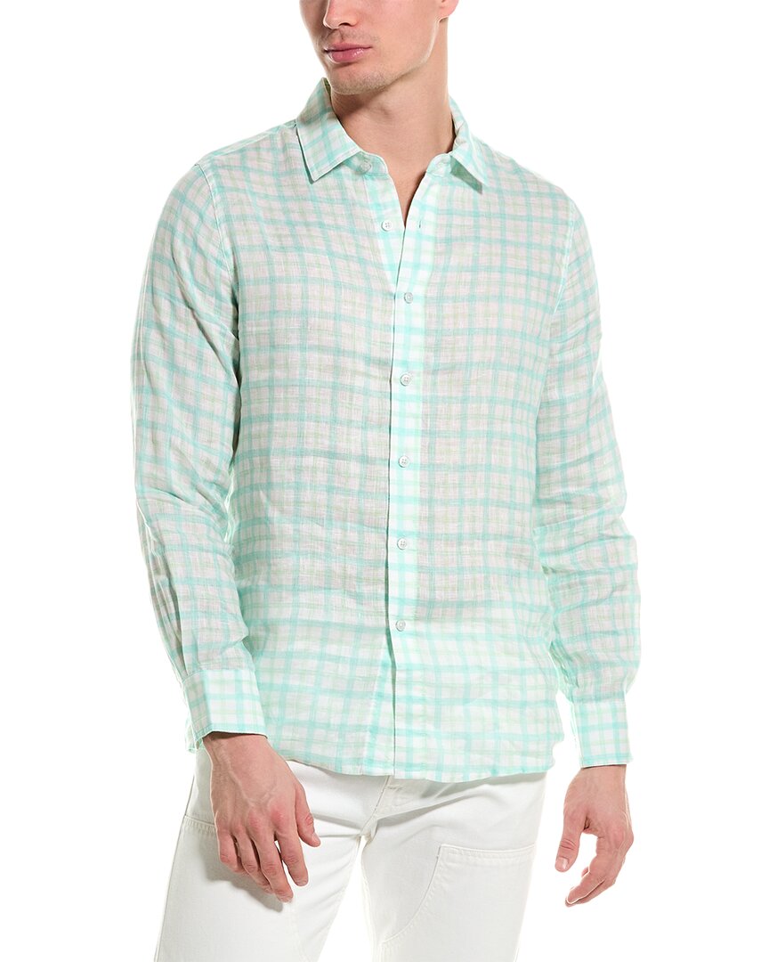 Shop Raffi Two Color Plaid Printed Linen Shirt In Green