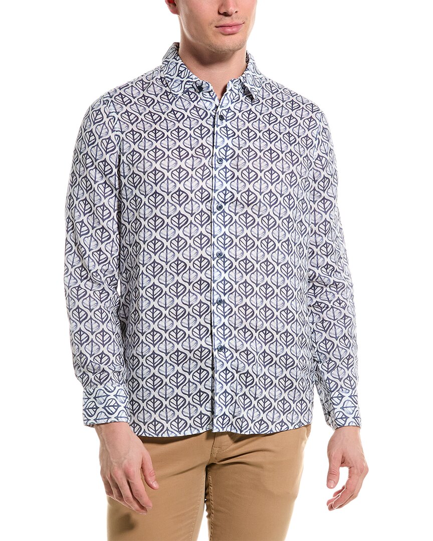 Shop Raffi Leaf Printed Linen Shirt In Blue