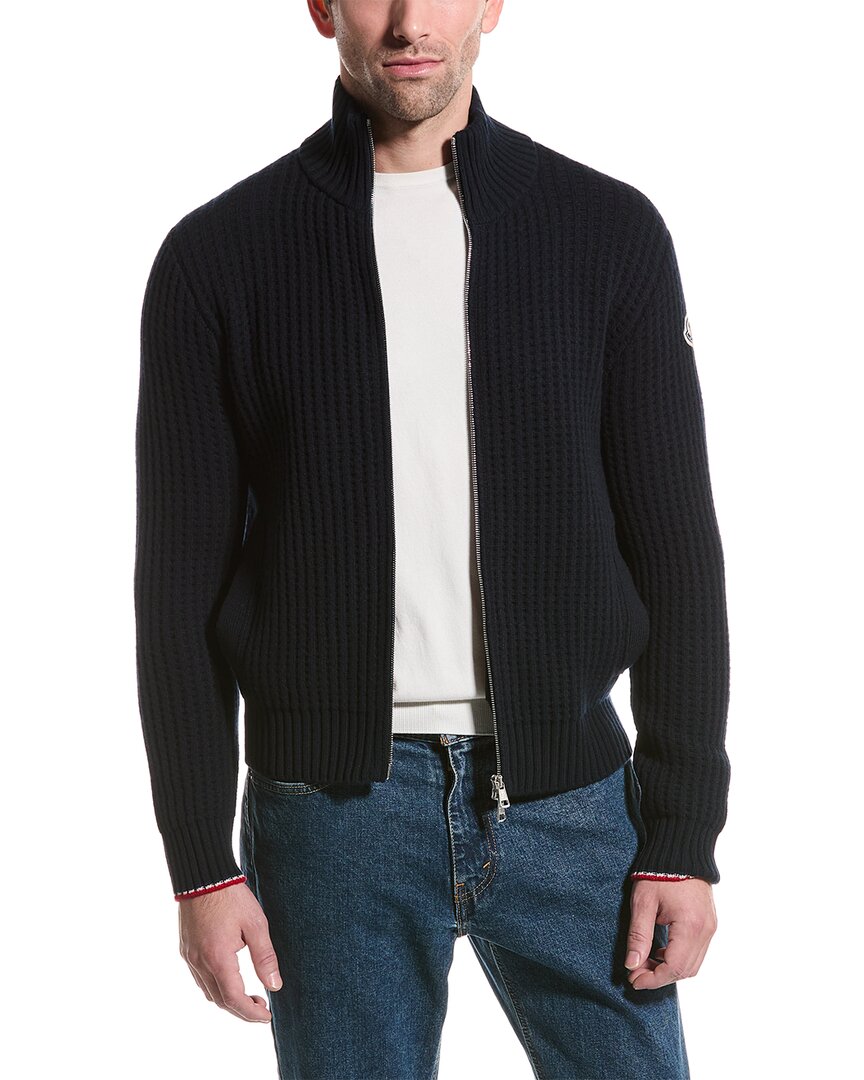 Moncler Waffle Knit Wool & Cashmere-blend Mock Cardigan In Blue