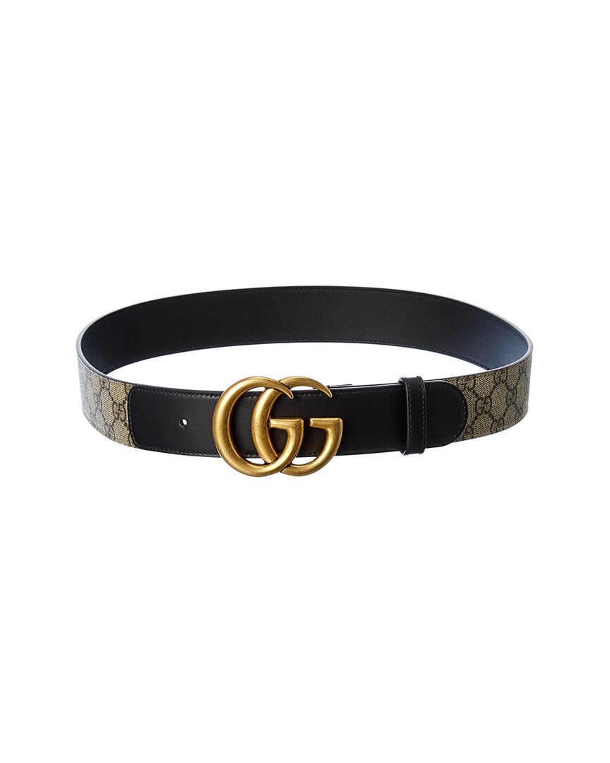 Shop Gucci Double G Buckle Gg Supreme Canvas & Leather Belt In Black