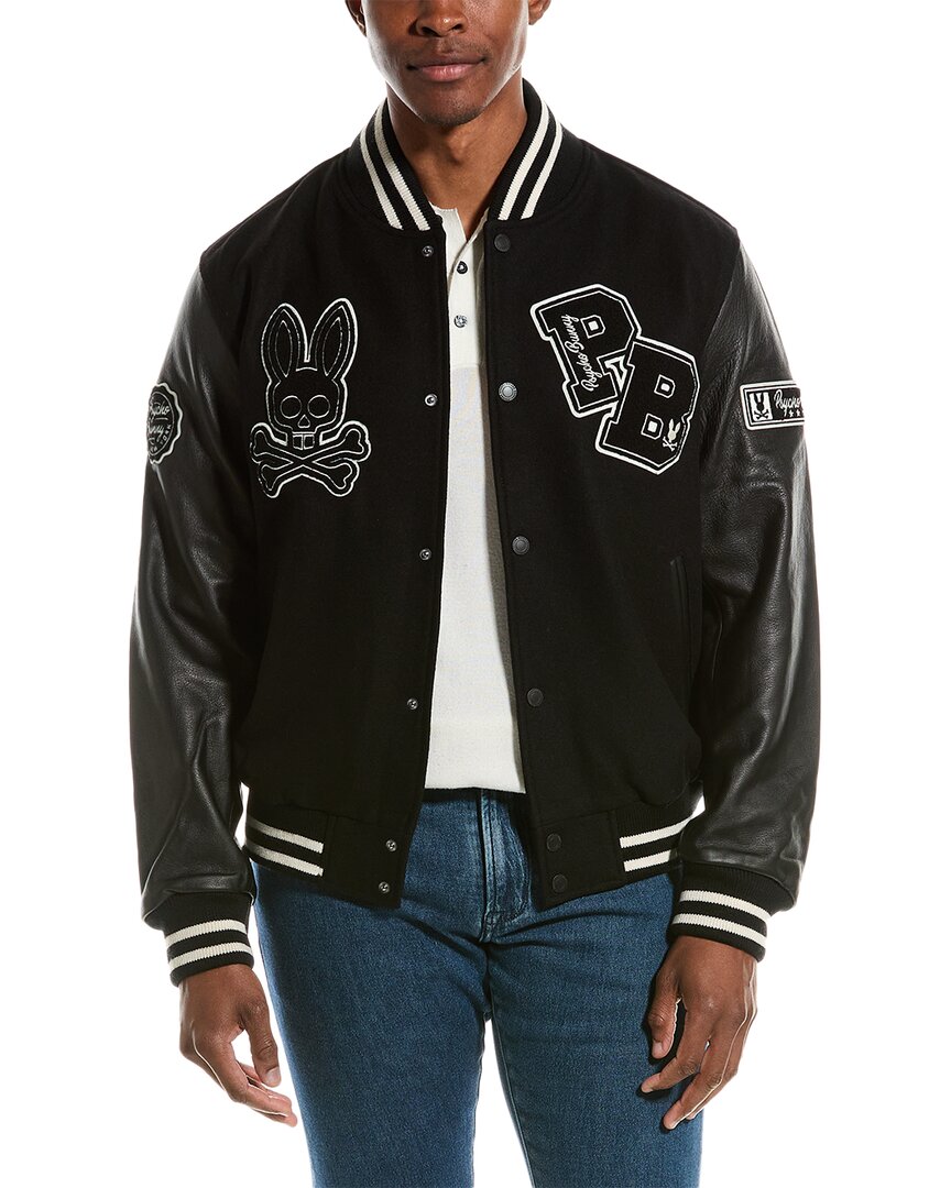 Shop Psycho Bunny Robbins Wool-blend & Leather Varsity Bomber Jacket In Black