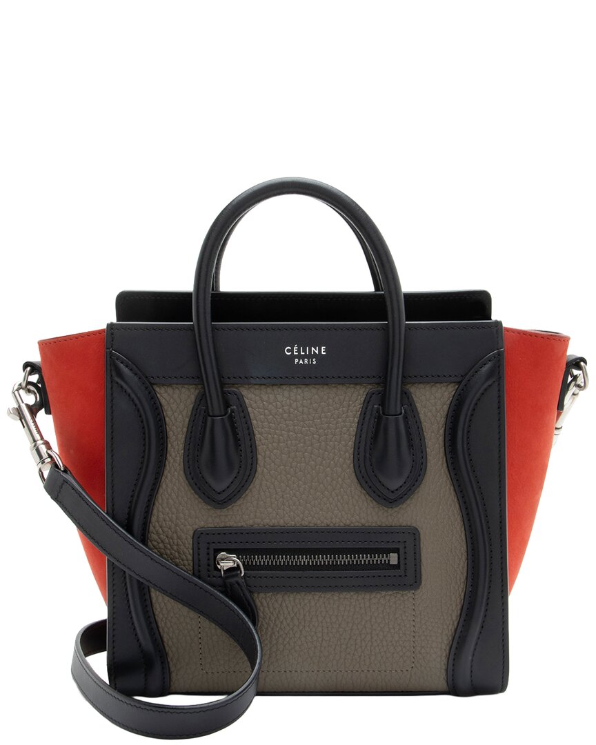 Pre-owned Celine Black & Grey & Red Calfskin & Nubuck Nano Luggage Tote (authentic Pre- Loved)