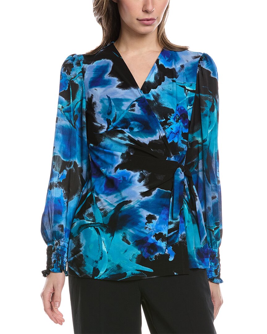 Anne Klein Petite Printed Faux-wrap Blouse In Blue