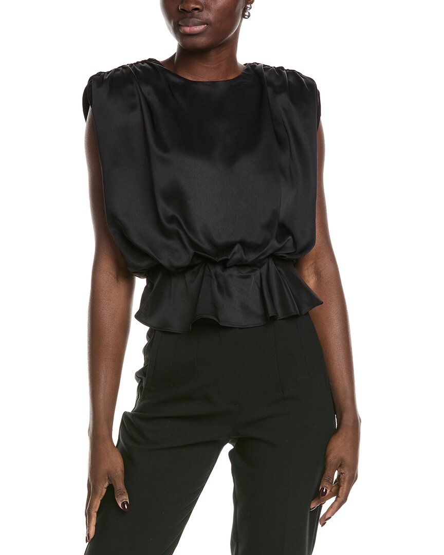 Toccin Saylor Strong Shoulder Silky Satin Top In Black