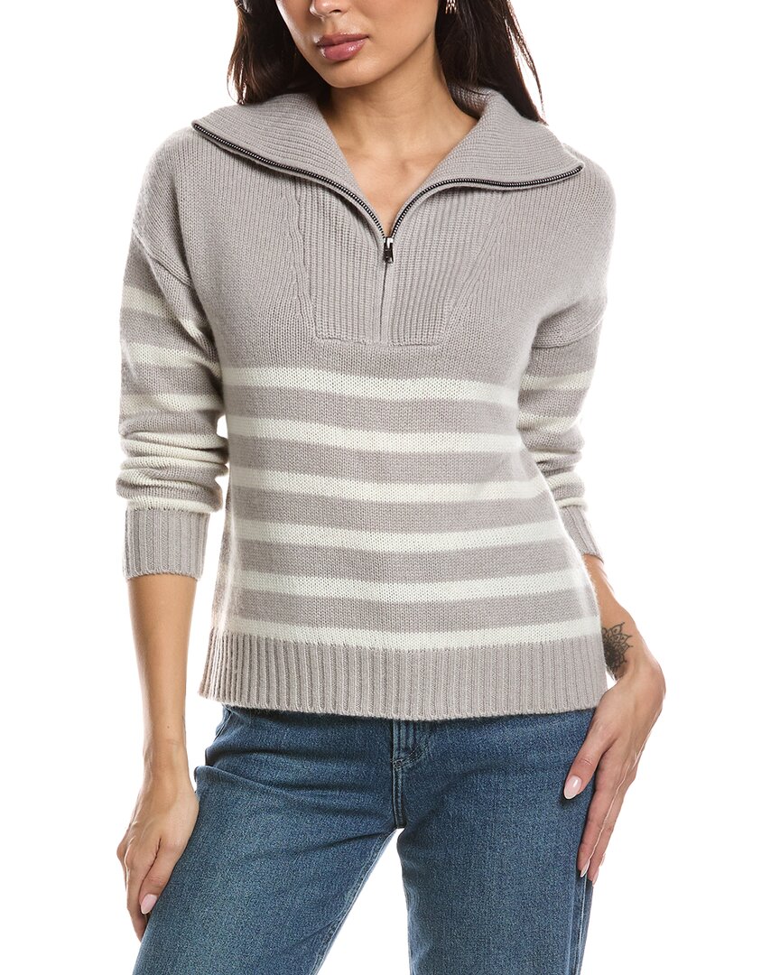 The Cashmere Project Striped Quarter Zip Mock Neck Cashmere Sweater In Grey