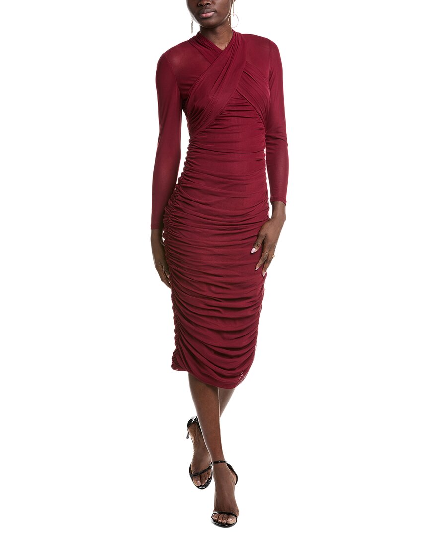Kenneth Cole Mesh Ruched Midi Dress In Red