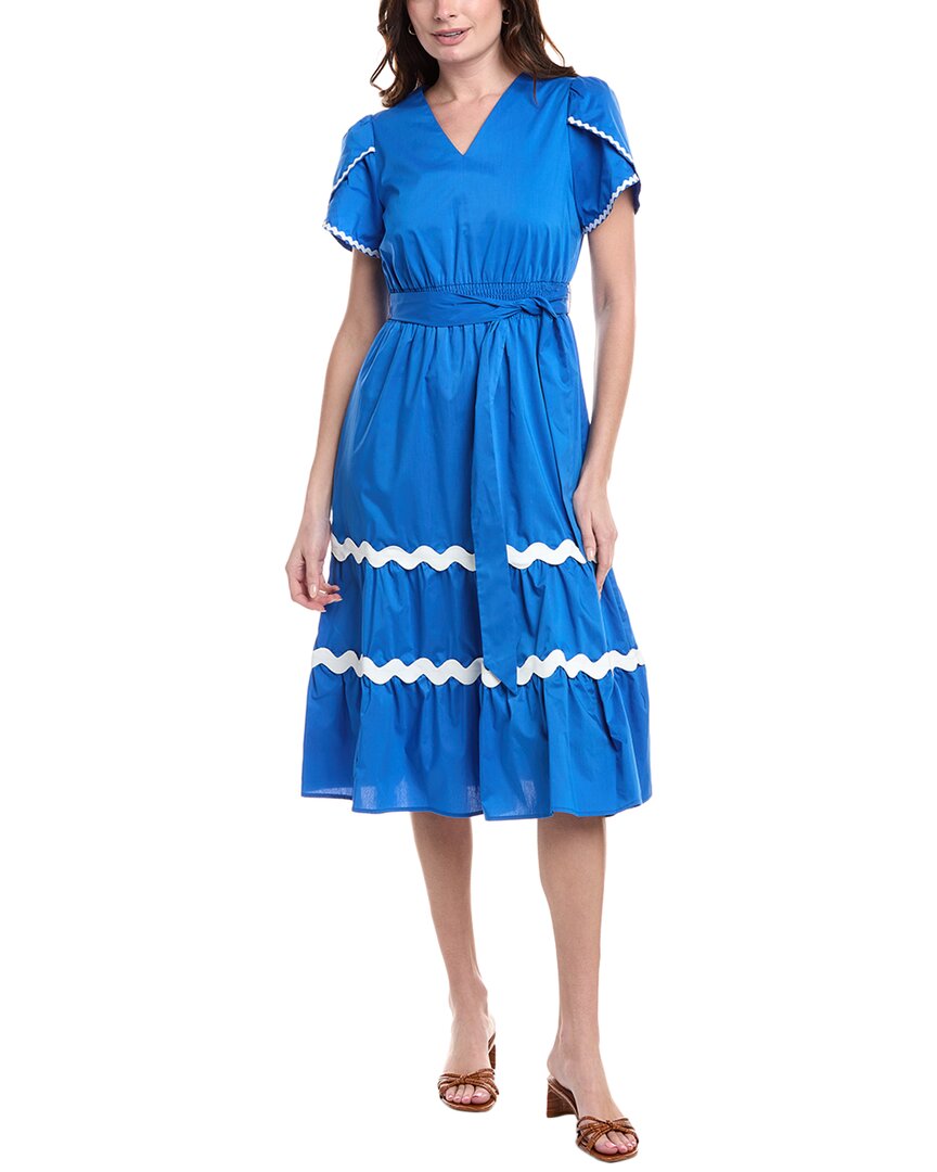 Nanette Lepore Wavy Lace Trim Tie Waist Midi Dress In Blue