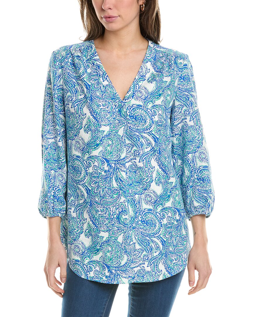 Jones New York Plus Size Linen V-neck Pleated Kelly Blouse In Blue