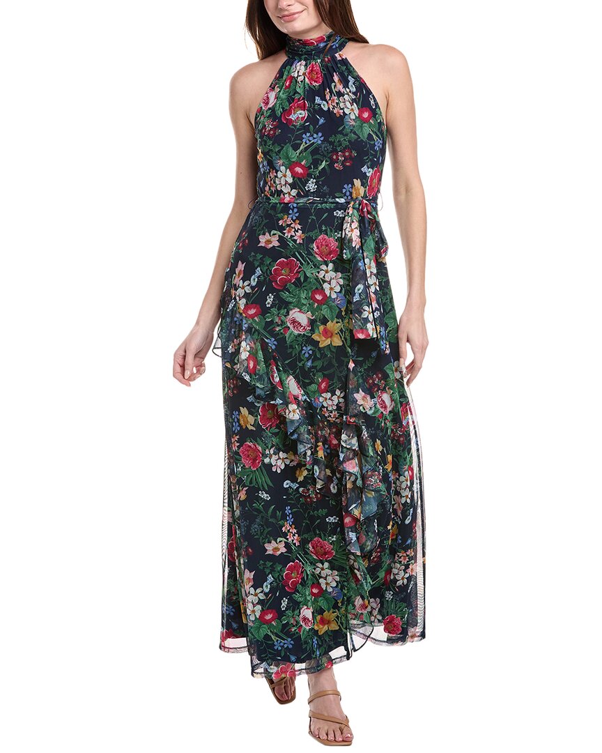 Shop Anne Klein Printed Mesh Asymmetrical Ruffle Hem Maxi Dress In Blue