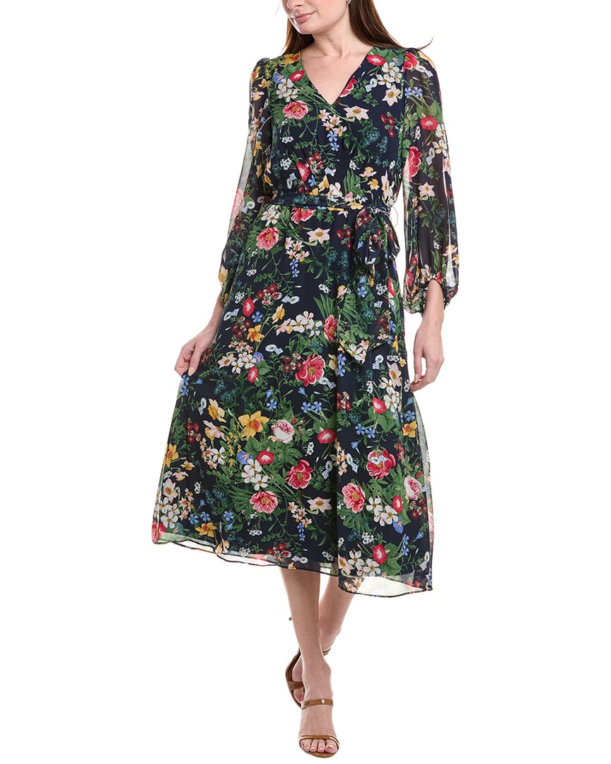 Shop Anne Klein Printed V-neck Midi Dress In Blue