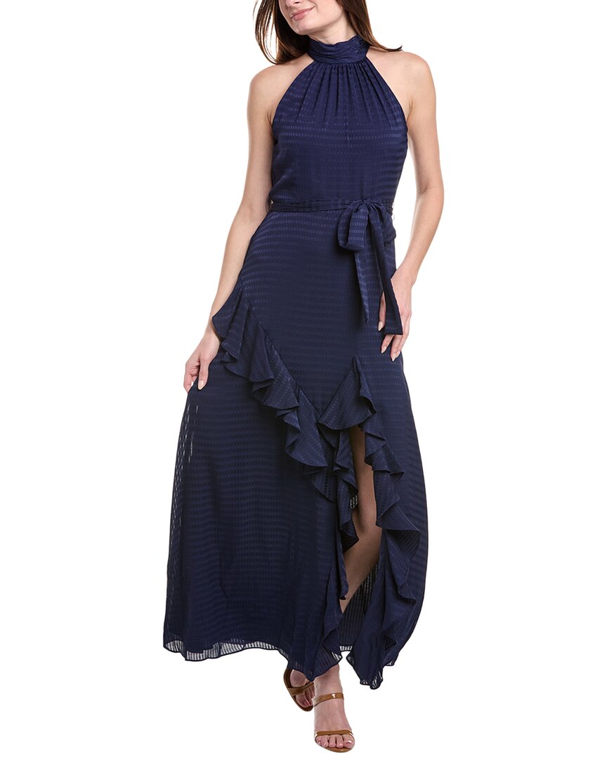 Anne Klein Satin Check Asymmetrical Ruffle Hem Maxi Dress In Blue