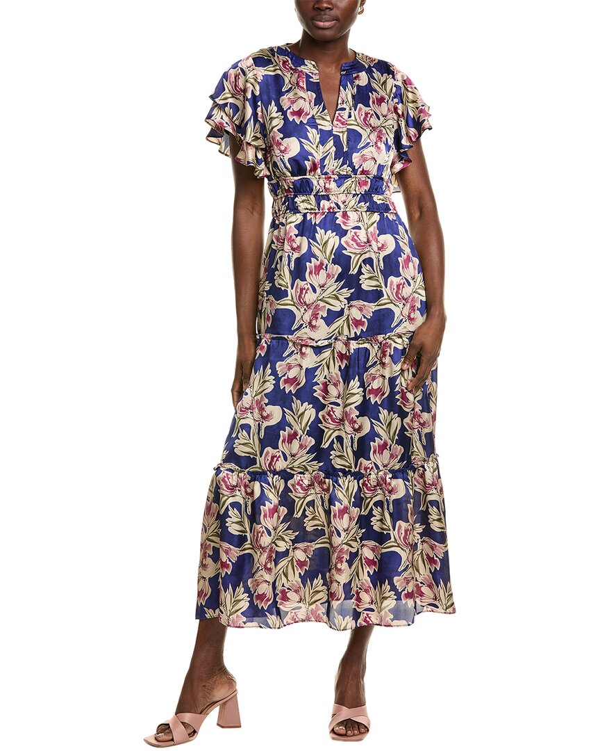 Julia Jordan Orchid Print Flutter Sleeve Satin Dress In Blue