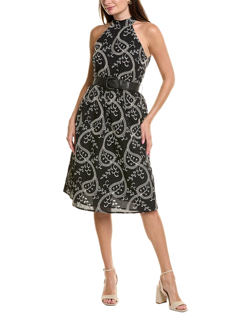 Anne Klein Embroidered Belted Cotton Midi Dress In Black