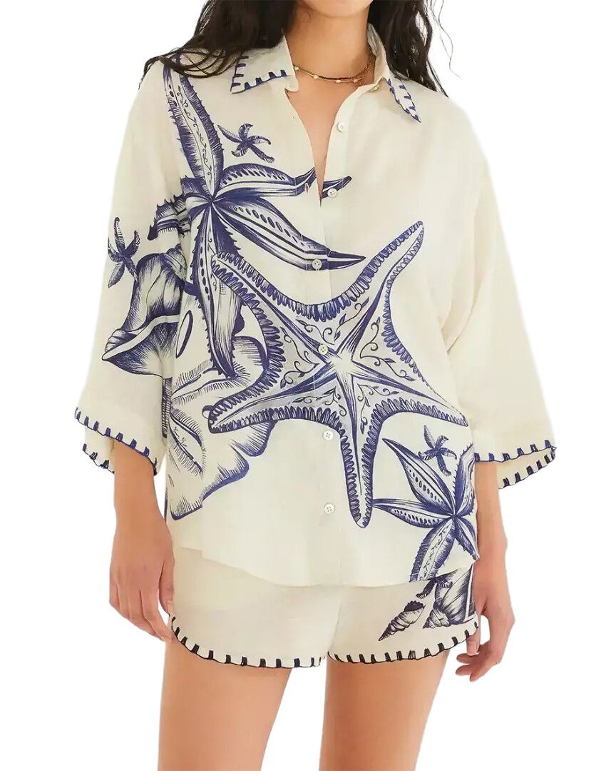 Amina Glam 2pc Linen-blend Shirt & Short Set In White & Blue