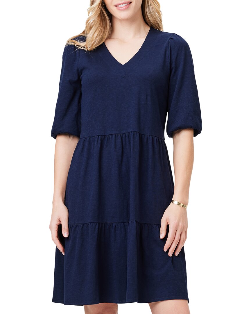 Nic + Zoe V Neck Elbow Sleeve Tiered Dress In Dark Indigo