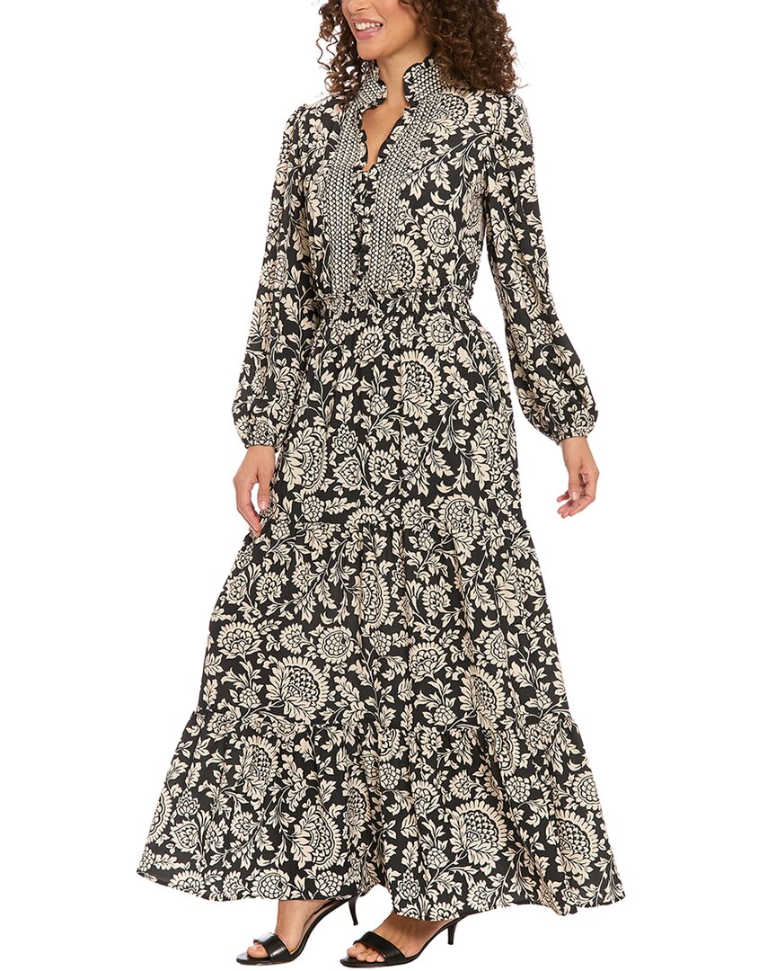 London Times Long Sleeve Bubble Crepe Tiered Maxi Dress In Black