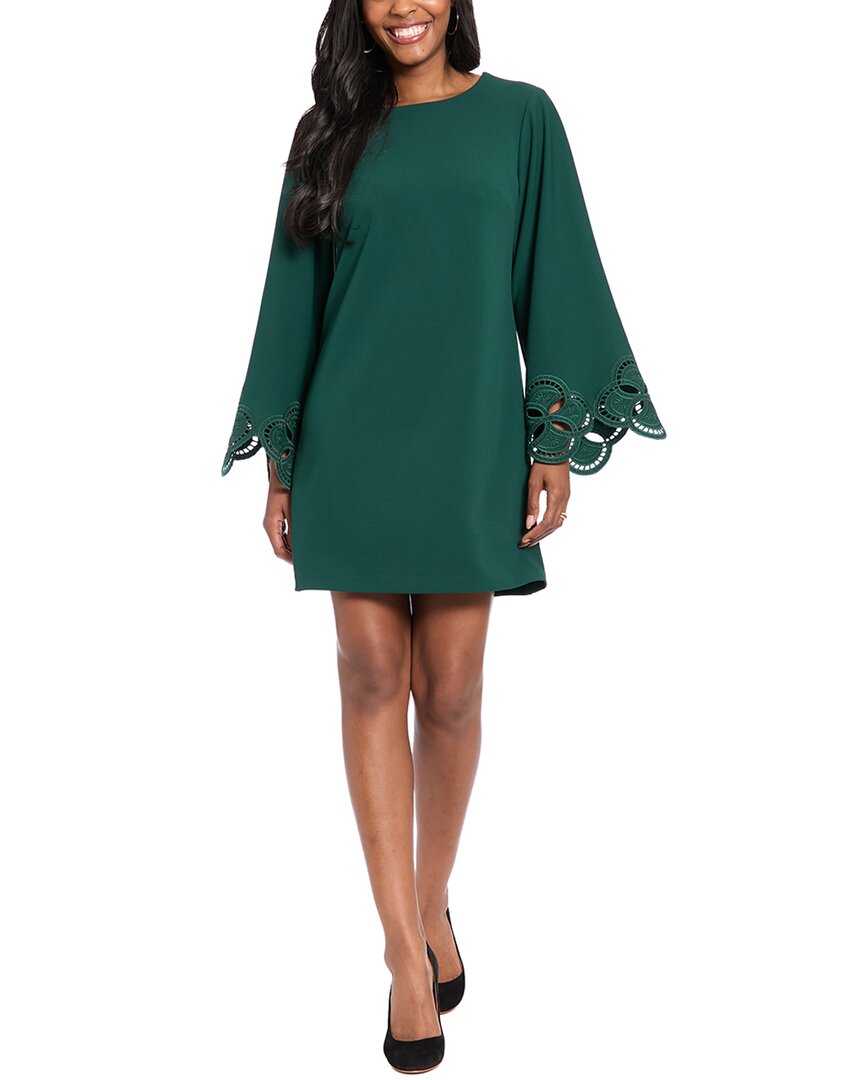 London Times Embroidered Bell Sleeve A-line Dress In Green