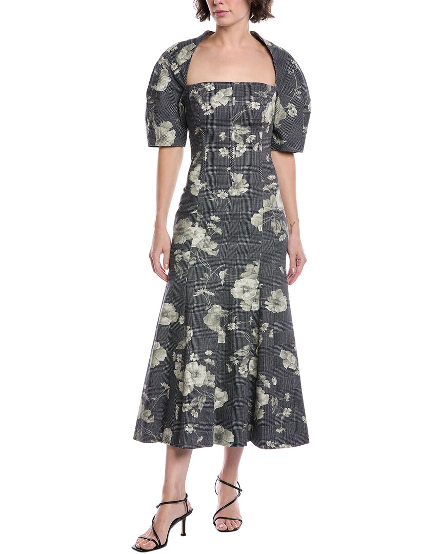 Lela Rose Floral Print Glen Plaid Bubble Sleeve Midi In Black