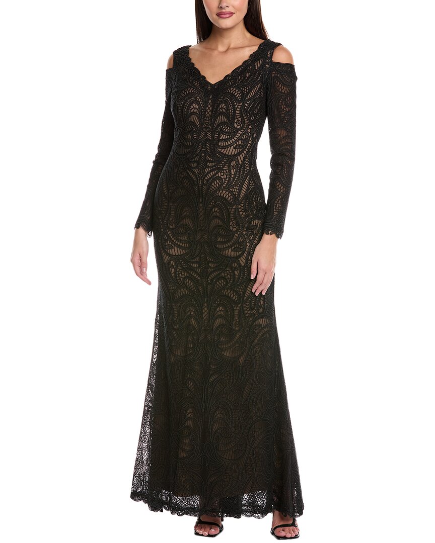 Tadashi Shoji Cold Shoulder Long Sleeve Velvet Lace Gown In Black