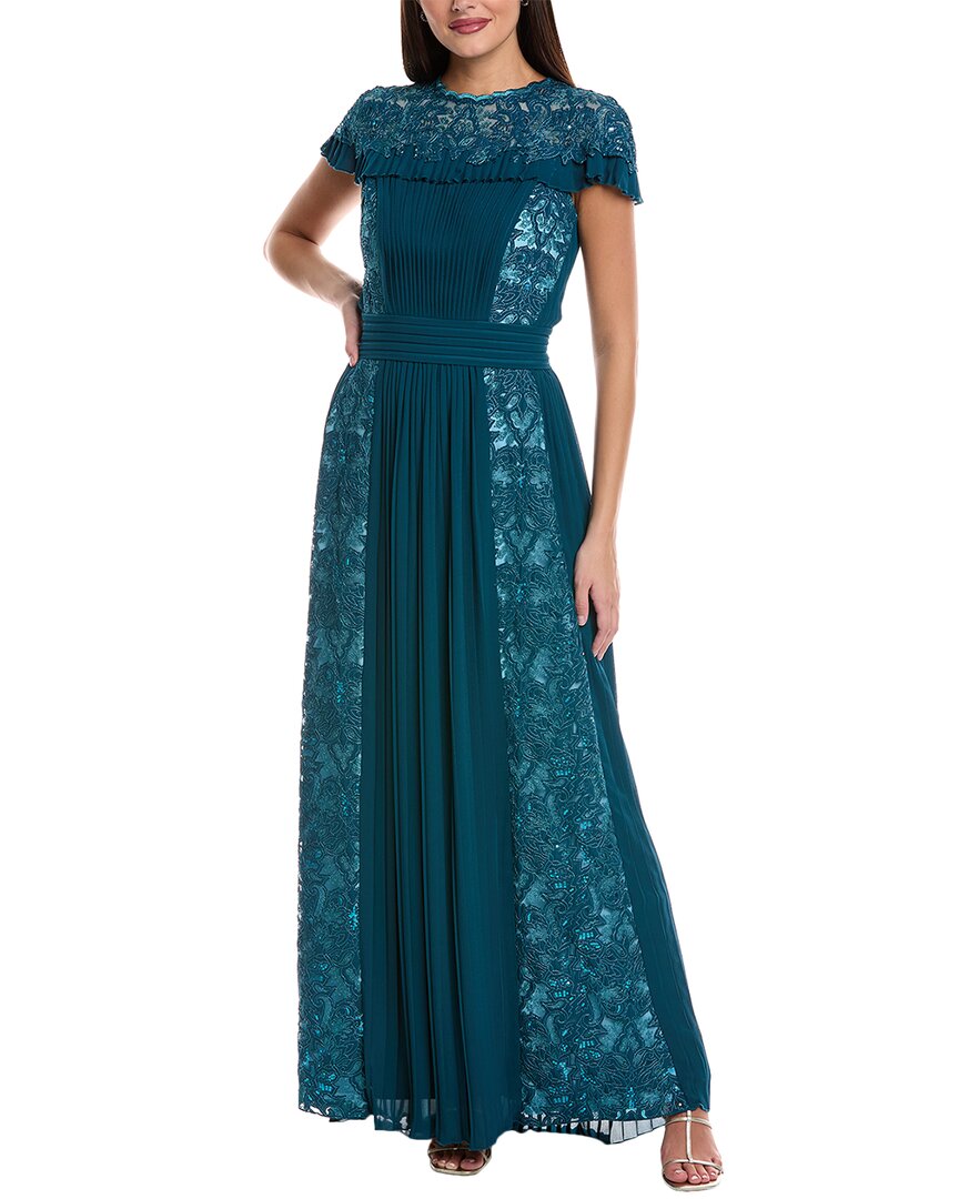 Tadashi Shoji Pleated Lace Panel Gown In Green
