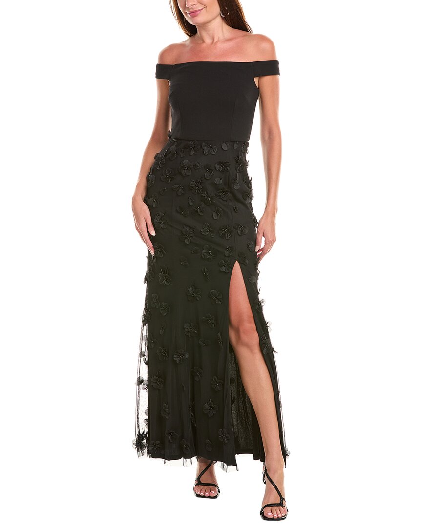Aidan Mattox Floral Applique Maxi Dress In Black