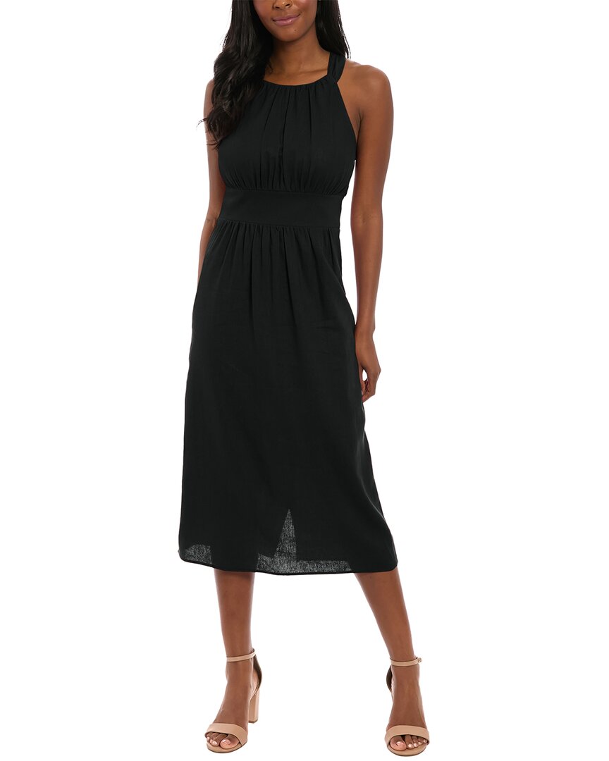 London Times Linen-blend Midi Dress In Black