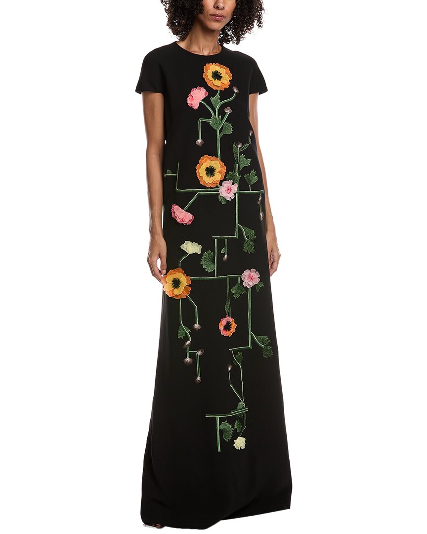 Lela Rose Augusta Floral Embroidered Cap-sleeve Gown In Black