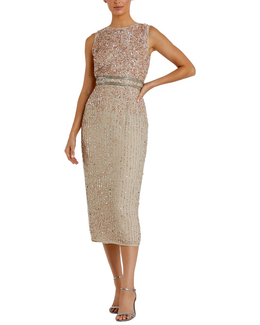 Mac Duggal Sleeveless High Neck Beaded Midi Sheath Dress In Neutral