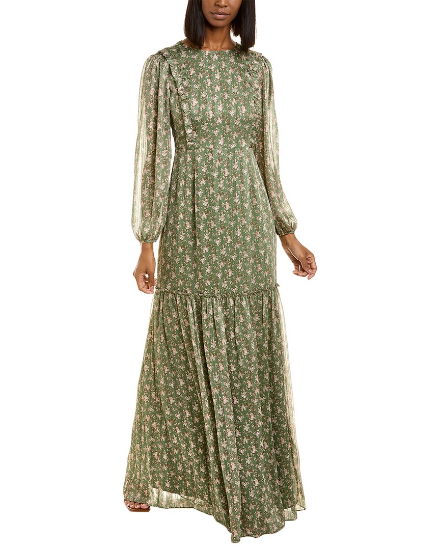 Mikael Aghal Gathered Metallic Floral-print Jacquard Maxi Dress In Green