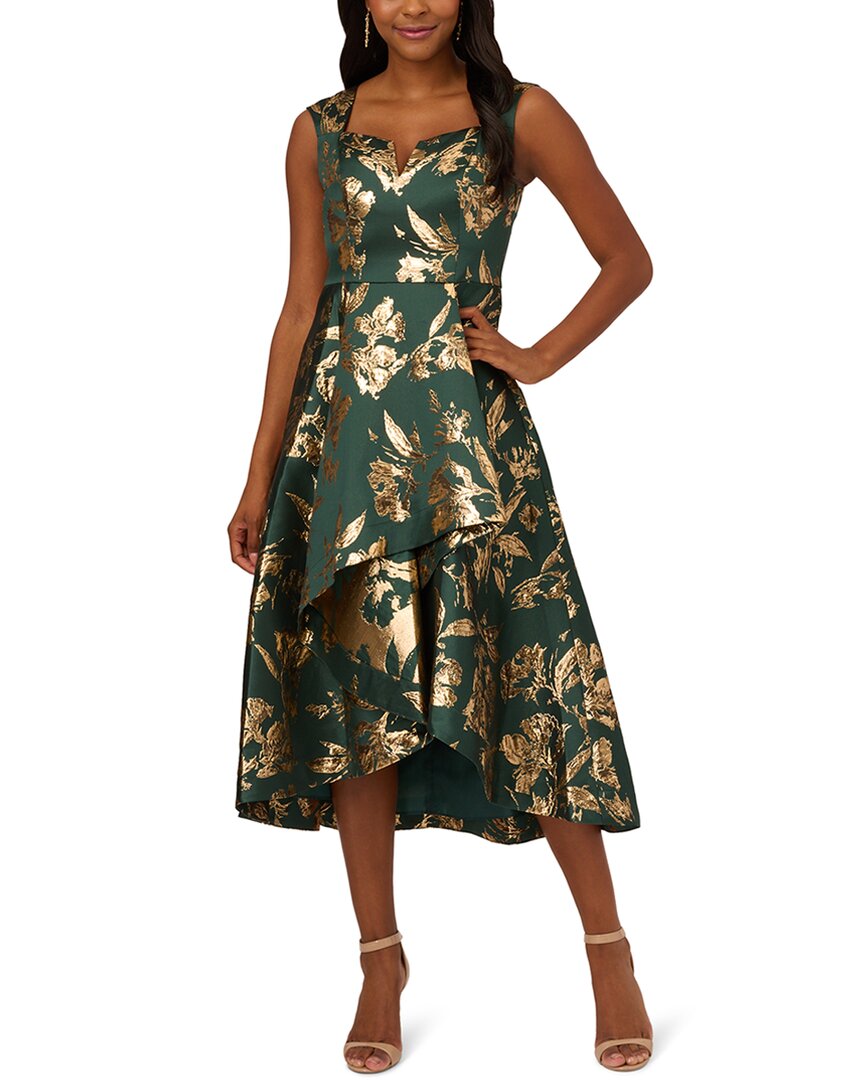 Adrianna Papell High Low Metallic Jacquard Tea Length Dress In Green