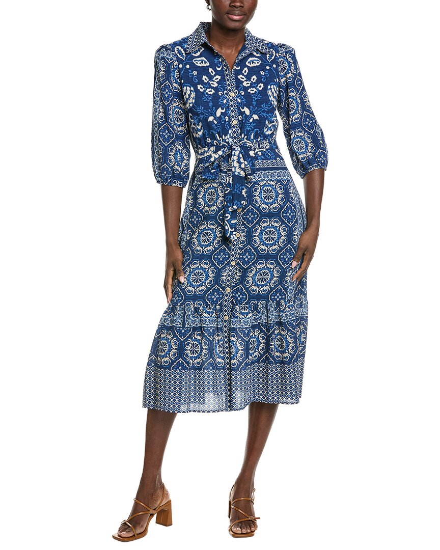 Maison Tara Engineer Print Miranda Short Sleeve Midi Dress In Brown