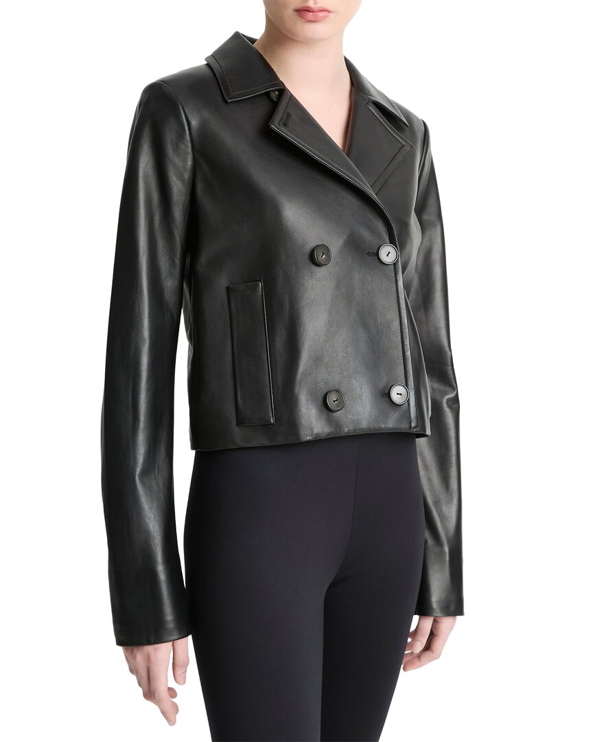 Vince Shrunken Leather Peacoat In Black