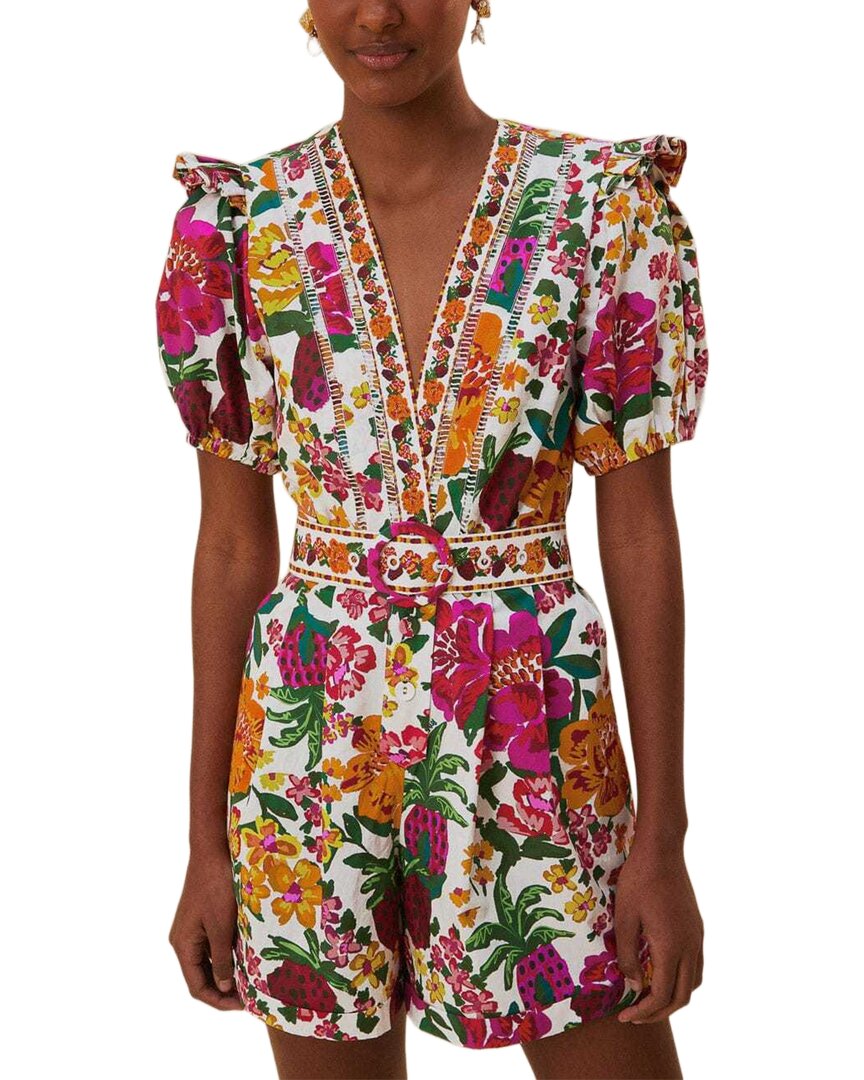 Farm Rio Flowerful Sketch Off-white Romper In Multi