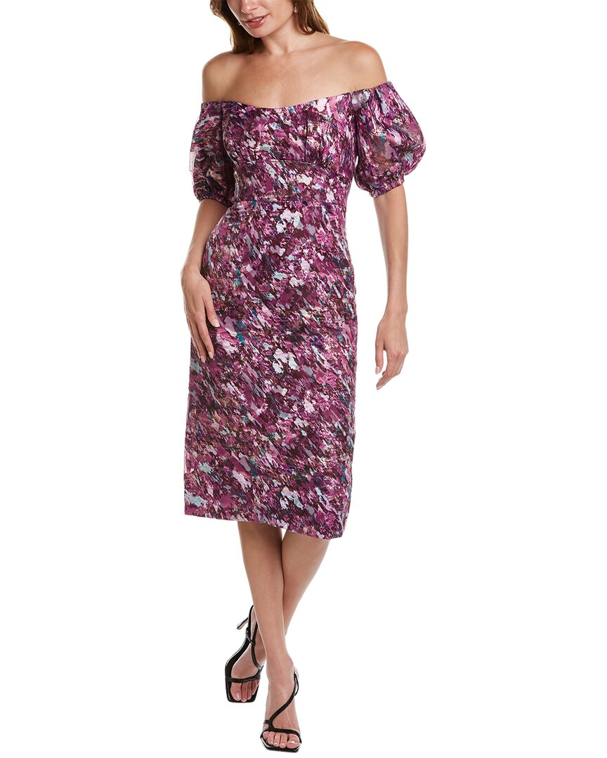 Shop ml Monique Lhuillier Off-the-shoulder Midi Dress In Purple