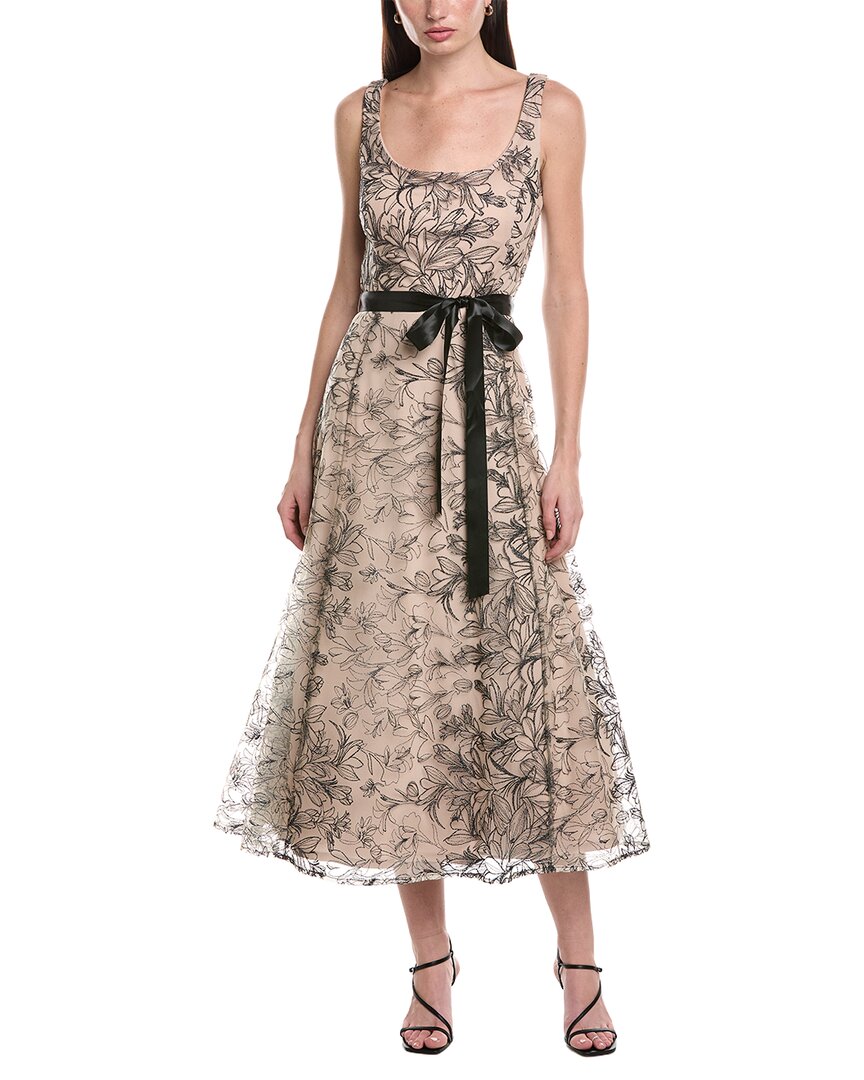 Maison Tara Embroidery Mesh Midi Dress In Brown