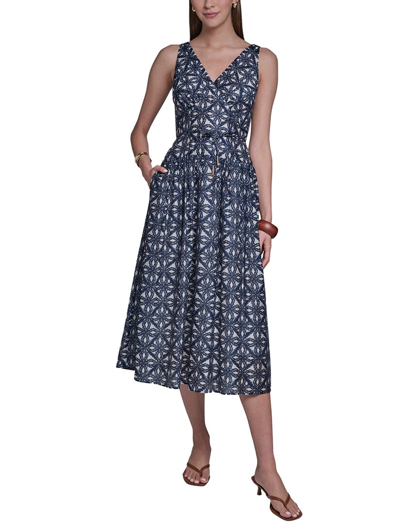 Halston Sleeveless V-neck Printed Linen-blend Sundress In Blz/blue Multi