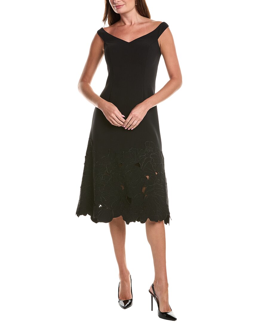 Teri Jon By Rickie Freeman Ponte Flower Motif Lazer Cut Trim Midi Dress In Black