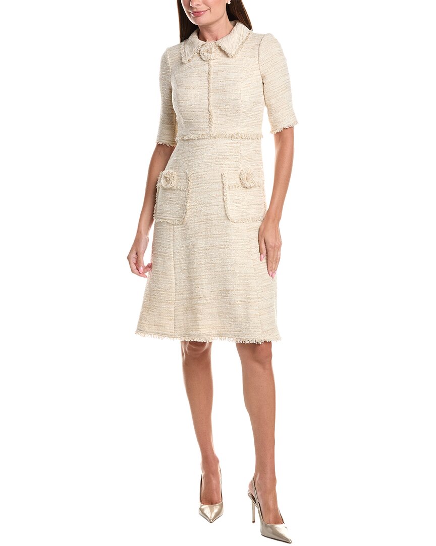 Teri Jon By Rickie Freeman Metallic Tweed Shirt Collar Frayed Trim Dress In White