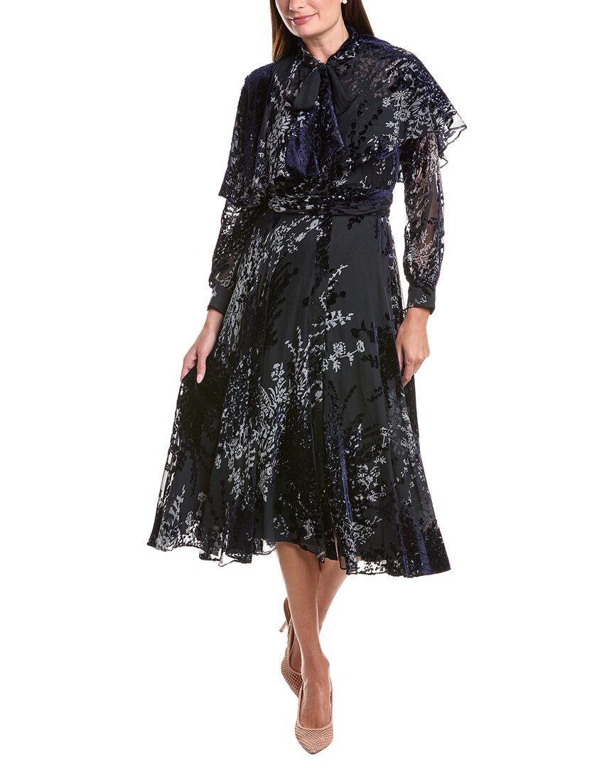 Teri Jon By Rickie Freeman Floral Velvet Dress Tie-neck Cape Dress In Nvm